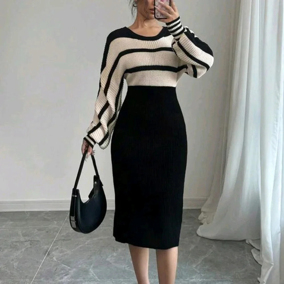 Dresses & Skirts - Women Elegant Knitted Sweater Dress With Round Neck